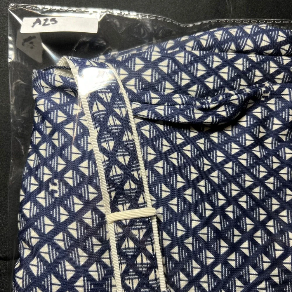 Tory Burch Navy Blue White Geometric Print V-Neck Belted‎ Dress Womens Medium